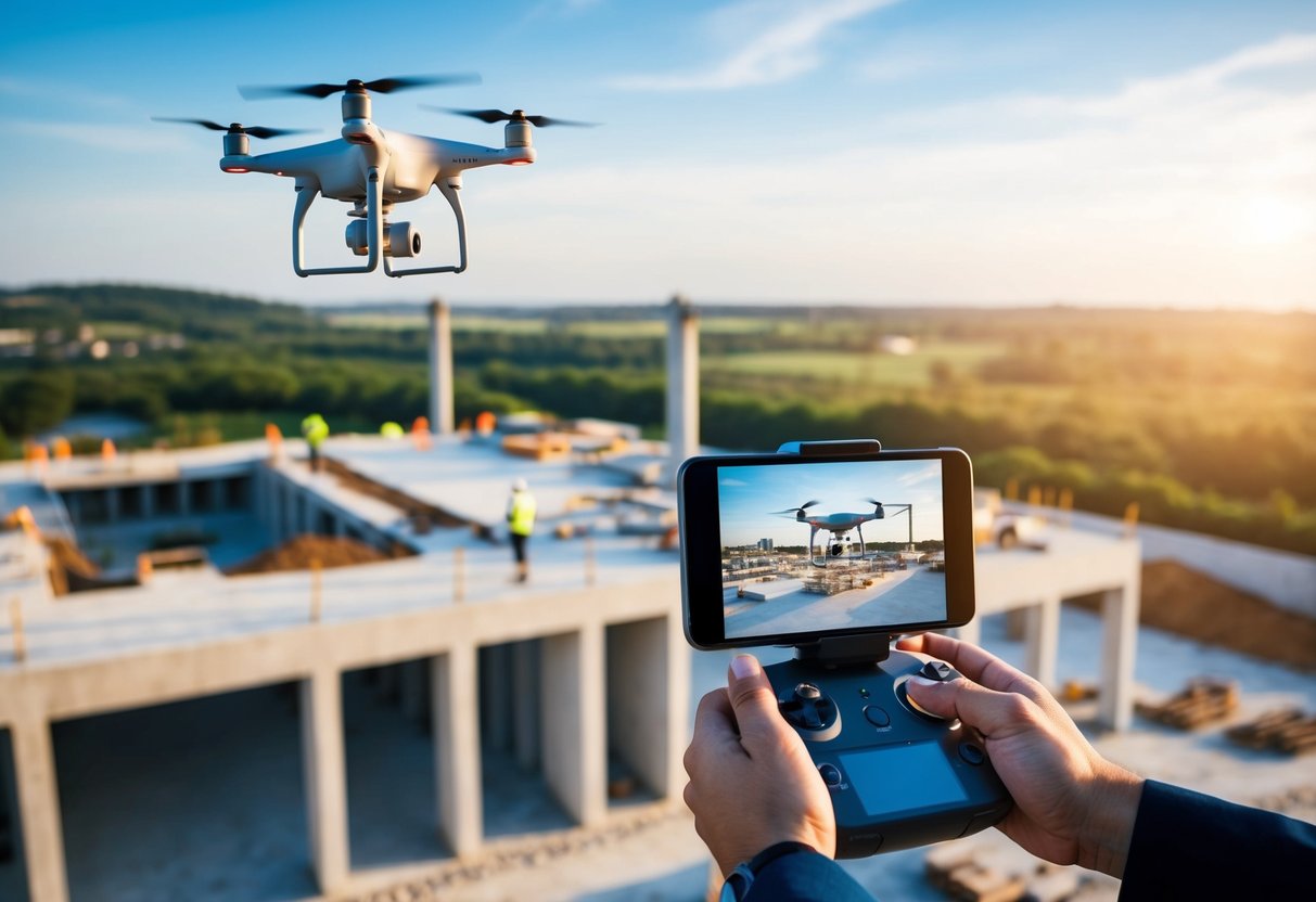 A construction site with drones flying above, capturing data for BIM asset management