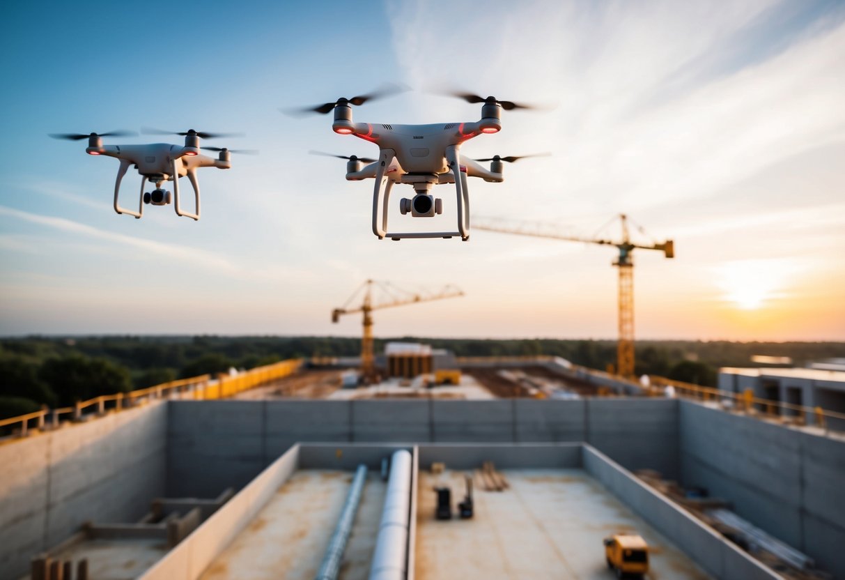 A construction site with drones flying overhead, capturing data and imagery for BIM implementation