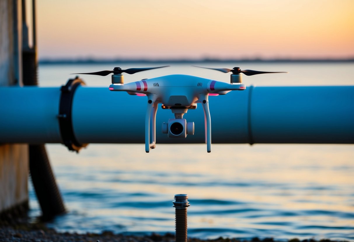 A drone hovers over a sewer pipeline, inspecting for damage and blockages with precision