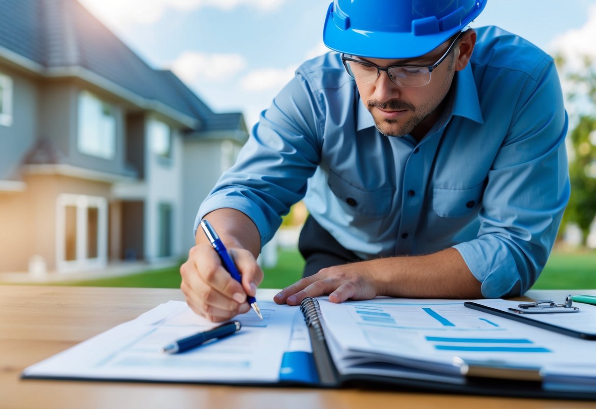 A building inspector carefully examining and documenting the condition of a property, noting any defects or damages in a detailed report