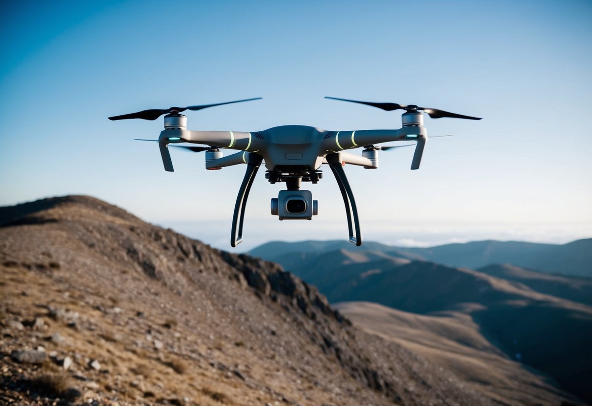 A drone hovers over a rugged landscape, capturing detailed topographical data with precision. The drone's high-tech equipment maps out the terrain below, showcasing the benefits of using drones for topographical surveys