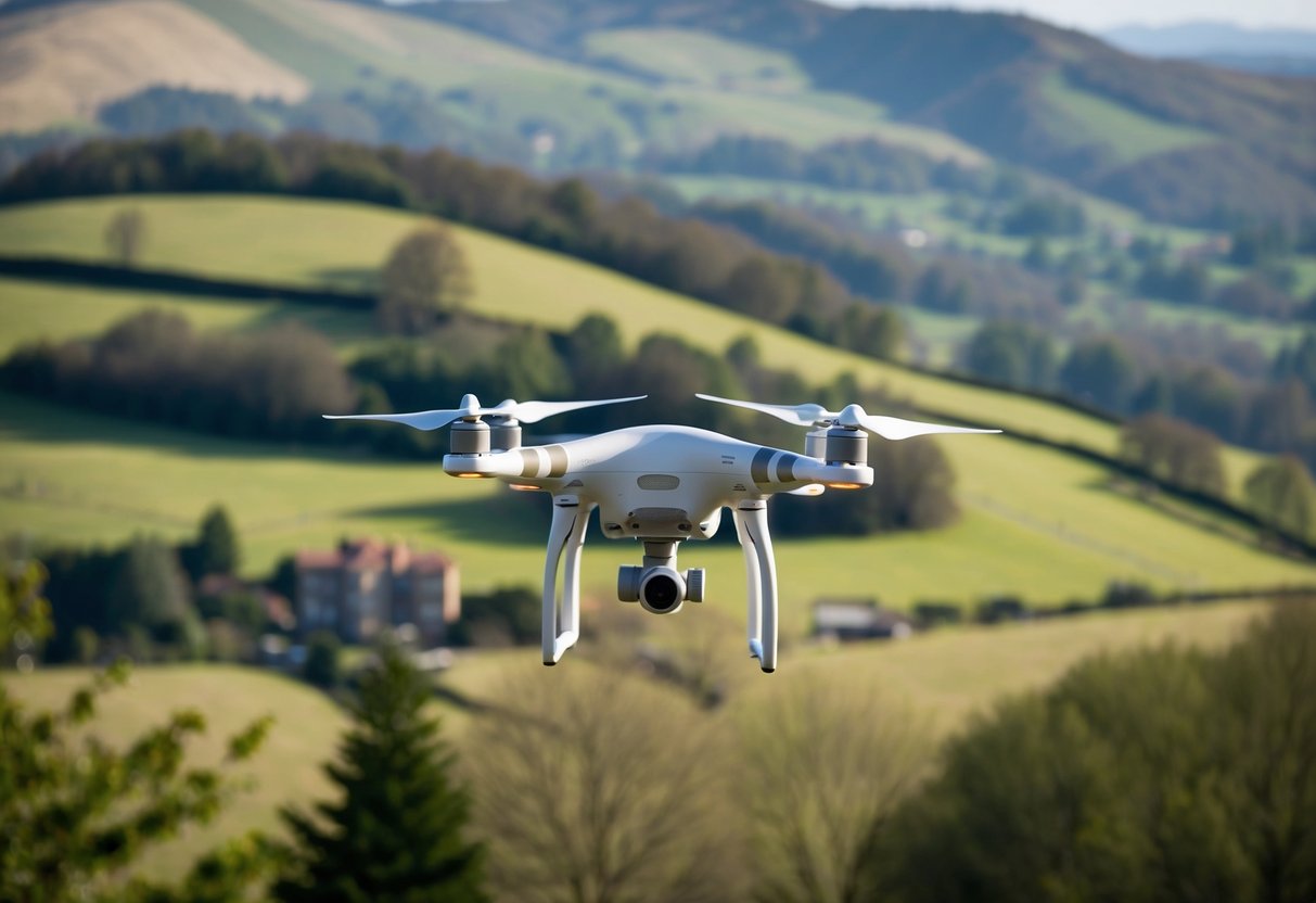 A drone flies over a hilly landscape, capturing detailed topographical data. Trees, buildings, and natural features are visible in the survey