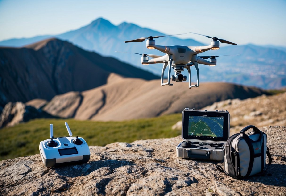 A drone hovers above rugged terrain, capturing detailed topographical data with precision. Modern surveying equipment sits nearby, showcasing technological advancements in the field