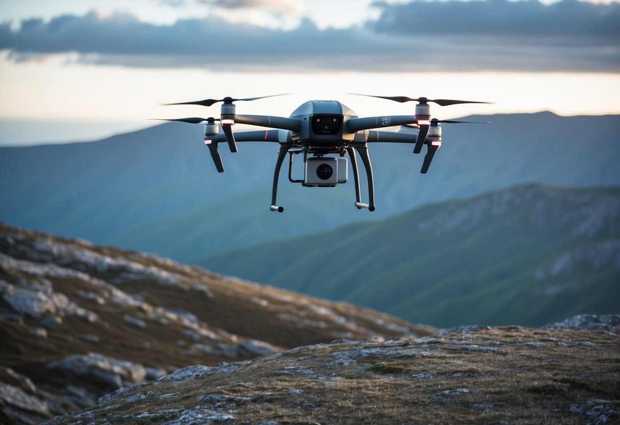 A drone hovers over a rugged landscape, capturing detailed topographical data. The survey equipment is visible on the drone as it maps the terrain