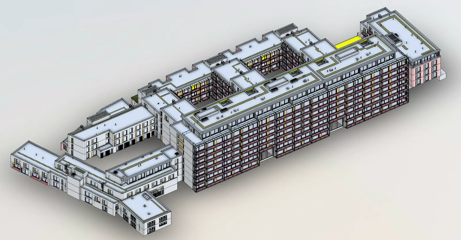 Highbury Stadium Square Estate — 3D Revit model detail view showing facade geometry, penetrations and fenestration